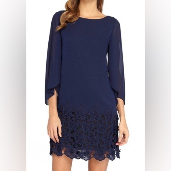 Tahari Arthur Levine dress smart casual chic Navy chiffon shift dress Sz-8P. E19 - Picture 1 of 8